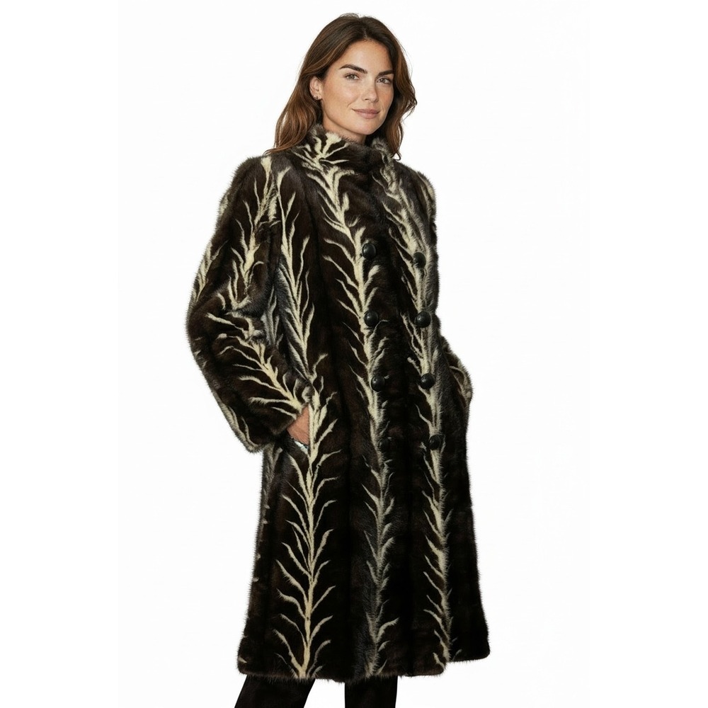 Vintage Greenblatt's Genuine Mink Fur Coat Brown Cream Patterned Double Breasted